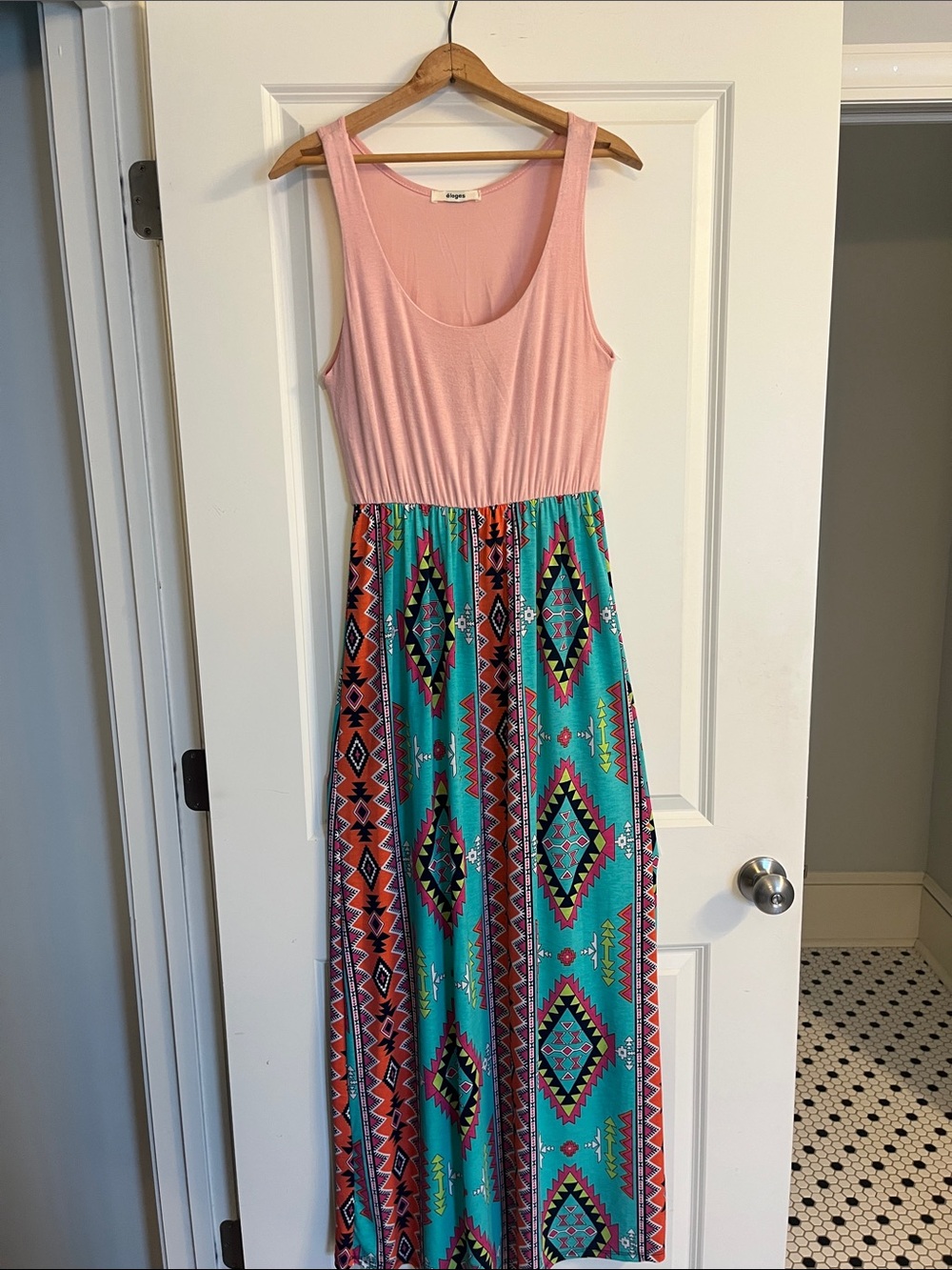Sleeveless Pink Bodice Teal Aztec Maxi Dress